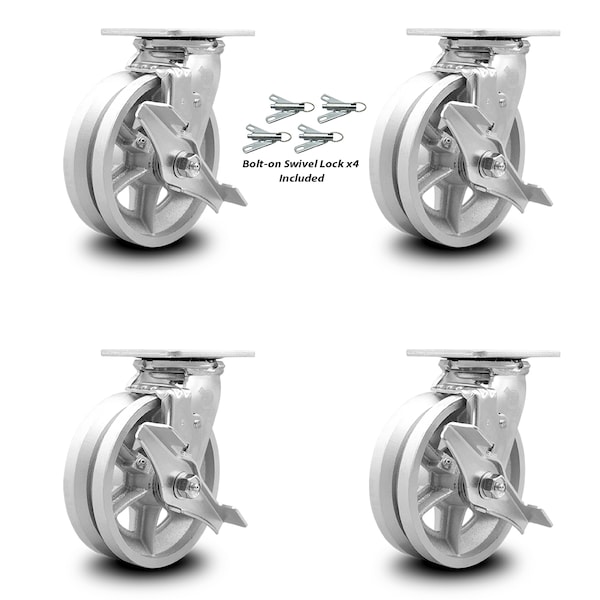 Service Caster 6 Inch V Groove Semi Steel Caster Set with Roller Bearings and Brake/Swivel Lock SCC-30CS620-VGR-TLB-BSL-4 - main